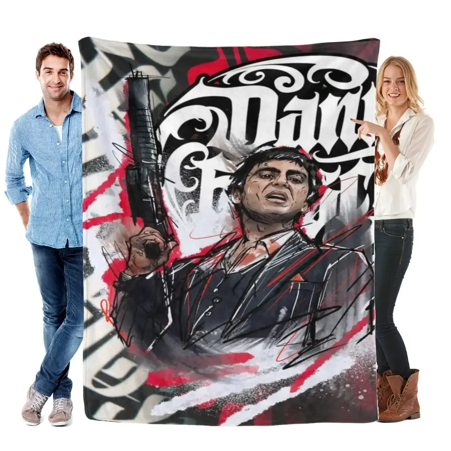 Scarface Tony Montana Graffiti Style Flannel Throw Blanket - Ultra-Soft, Lightweight, Warm, Breathable, Wrinkle-Resistant - for Sofa, Bed - Retro Movie Art Home Room House Living Space Decor - 80s Movie Fans Cozy Style Gifts