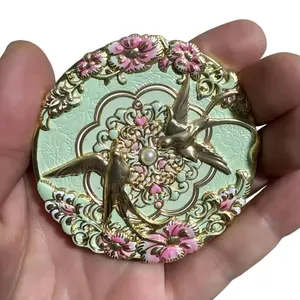 Chinese-Style Enamel Compact Makeup Mirror with Floral-Bird Motifs, Includes 1 Mirror and 1 Protective Case