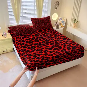 3Pcs Bold Red Leopard Print Fitted Sheet Set, Eye-Catching Dark Brown Spots on Vibrant Background, Soft and Durable Fabric, Perfect for Stylish Bedroom Makeover and Unique Gift Ideas!, Lncludes 1 Fitted Sheet, With 2 Coreless Pillowcases