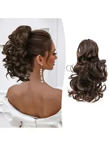 10 Inch Short Clip-In Wavy Curly Wig, Fashionable Puffy Ponytail Natural Look, Synthetic Fiber Hair Extension, Synthetic Extensions, Synthetic Hairpiece