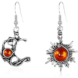 Boho Opal Sun and Moon Drop Dangle Earrings Moonstone  Stone Hook Bohemian for Women Asymmetrical Antiqued  Celestial