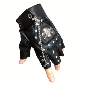 Men’s Edgy Punk Half-Finger Leather Gloves with 3D Skull Detail Chain Rivet Accents Anti-Slip Reinforced Palm for Motorcycle Biking Racing Halloween Pirate Cosplay Outdoor Sports Statement Accessory Unisex
