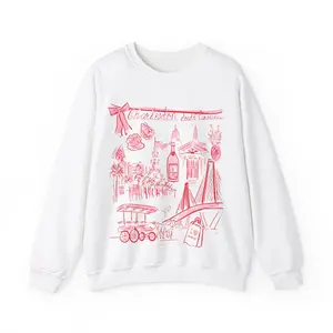 Charleston Crewneck White Sweatshirt with Pink Graphic Design Elements