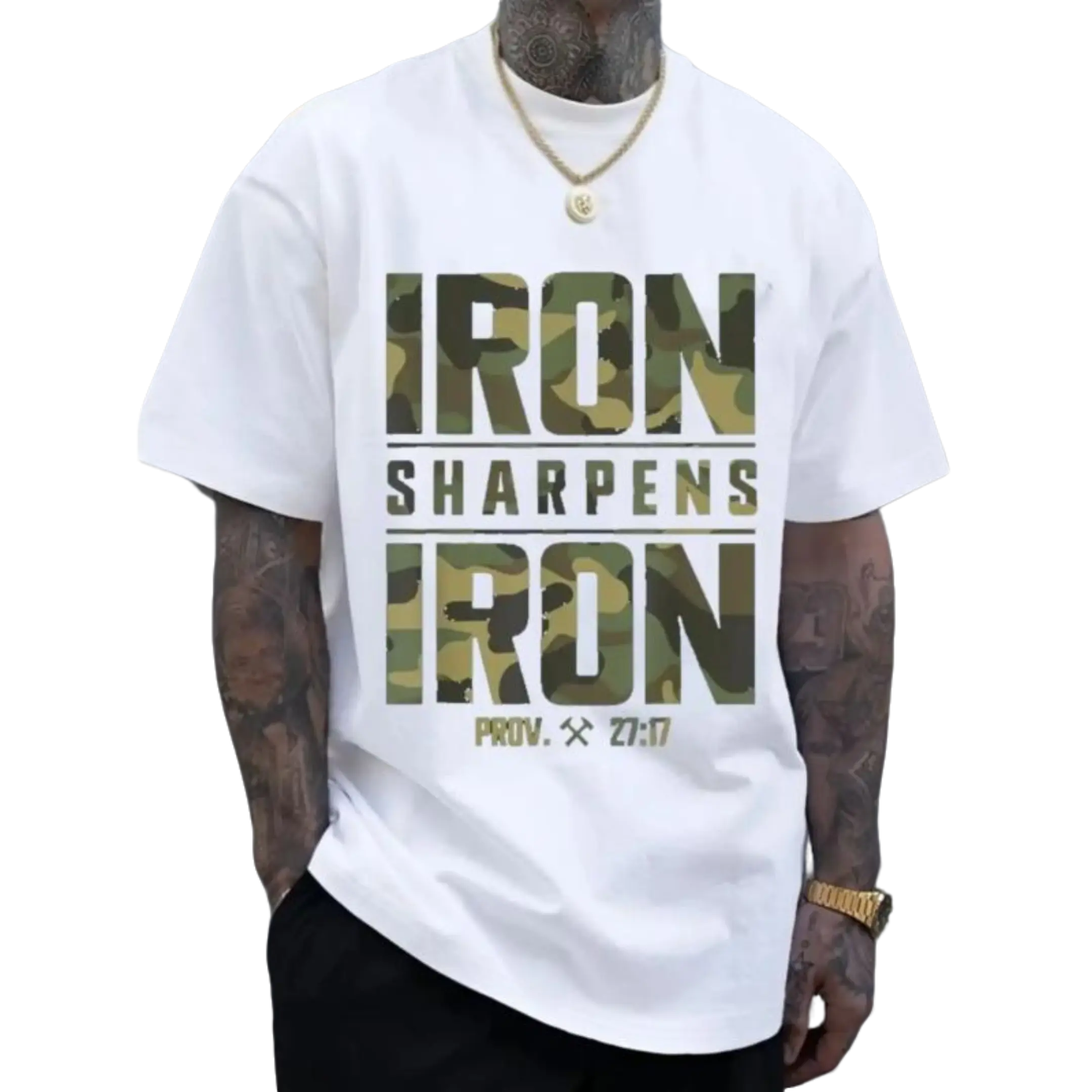 Men's Oversized Cotton Graphic T-Shirt Iron Sharpens Iron Proverbs 2717 Bible Verse Geometric Print Casual Streetwear Breathable Summer Top Camouflage Pattern Durable Fabric Customized Garment