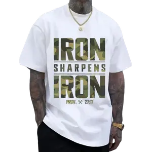 Men's Oversized Cotton Graphic T-Shirt Iron Sharpens Iron Proverbs 2717 Bible Verse Geometric Print Casual Streetwear Breathable Summer Top Camouflage Pattern Durable Fabric Customized Garment