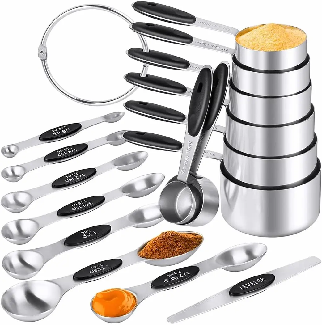 Measuring Cups & Spoons Set of 16,  Stainless Steel 8 Nesting Measure Cups Set & 7 double-sided  Measuring Spoons Set & 1 Leveler for Dry and Liquid Ingredient