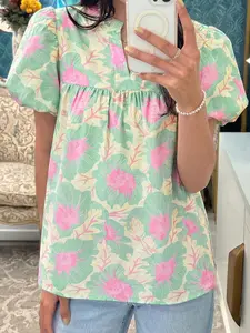 Summer Casual Bubble Sleeve Floral Print V Neck Short Sleeve Shirt, Women's Fashion Top, Comfortable and Stylish, Perfect for Daily Wear