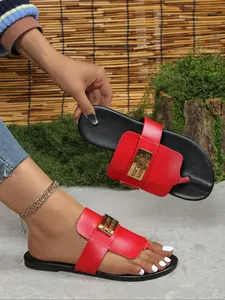 Women's Flat Sandals Fashion Slip-On Buckle Casual Beach Slippers Size 43, Narrow PU Leather Upper, Rubber Sole, Summer Style, Flat Slide Sandals