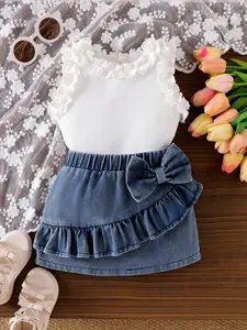 Baby Girl 2-Piece Set, Lace Trim Sleeveless Tank Top and Large Bow Ruffle Denim Skirt, Cute Infant, Fashionable Baby Clothes