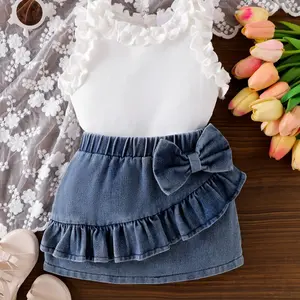 Baby Girl 2-Piece Set, Lace Trim Sleeveless Tank Top and Large Bow Ruffle Denim Skirt, Cute Infant, Baby Clothing, Fashionable Baby Clothes