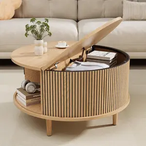 Mid Century Round Coffee Table with Fluted Center Sliding Door Oak Modern Design for Home Living Room Office 31.5" Storage Solution