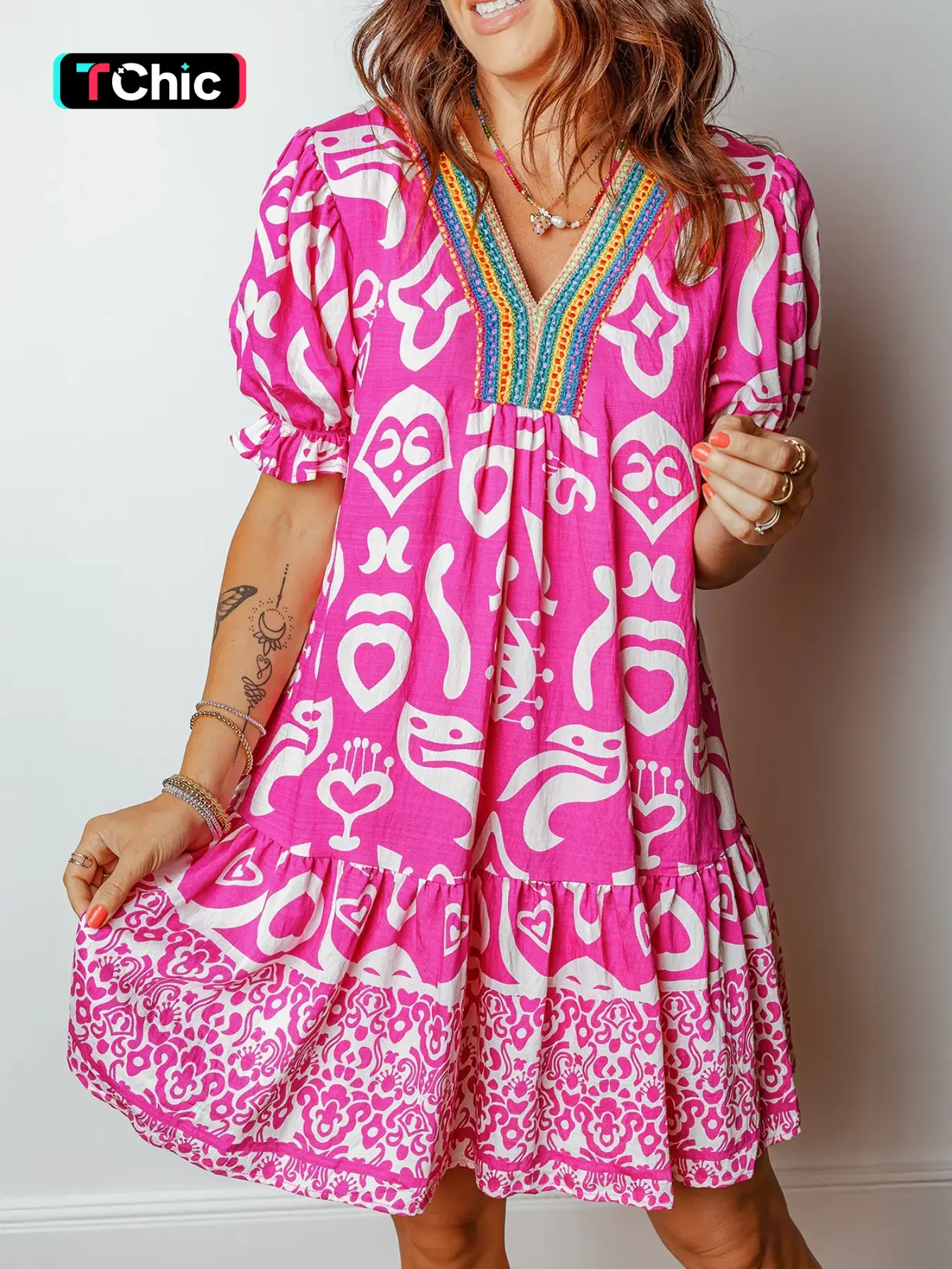 Summer Casual Bohemian Mixed Print Color Block V Neck Short Sleeve Maxi Dress, Womenswear, Women's Fashionable Beachwear, Boho Printed Dress, Boho Beach Sundress, Comfortable, Fit, Stylish and Elegance