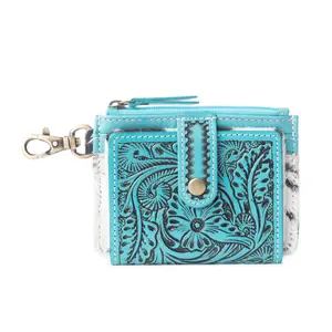 Myra Wildflowers of the Prairie Embossed Leather Wallet with Hairon - Turquoise Snap Mini Wallet with Coin Pouch for Women