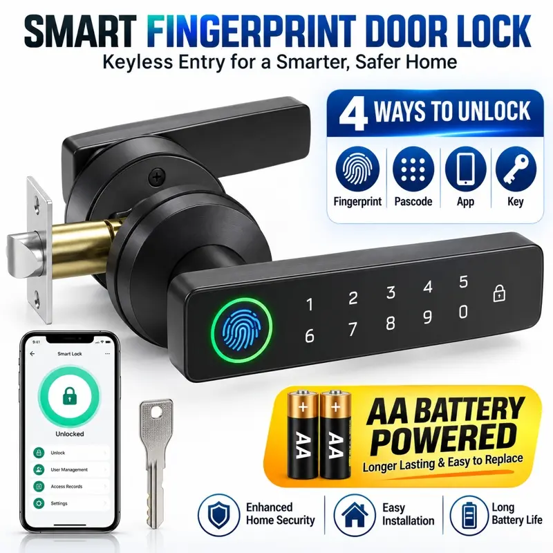 Smart Fingerprint Door Lock with Keypad Keyless Entry Door Handle Password App Control Physical Key AA Battery Powered Auto Lock Smart Lever Lock for Bedroom Apartment Office Home
