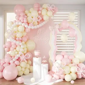 Pink and Yellow Balloon Arch Garland Kit, Coquette Bow Light Pink Yellow Pearl White Balloon with Long Balloons for Birthday Bridal Wedding Baby Shower Party