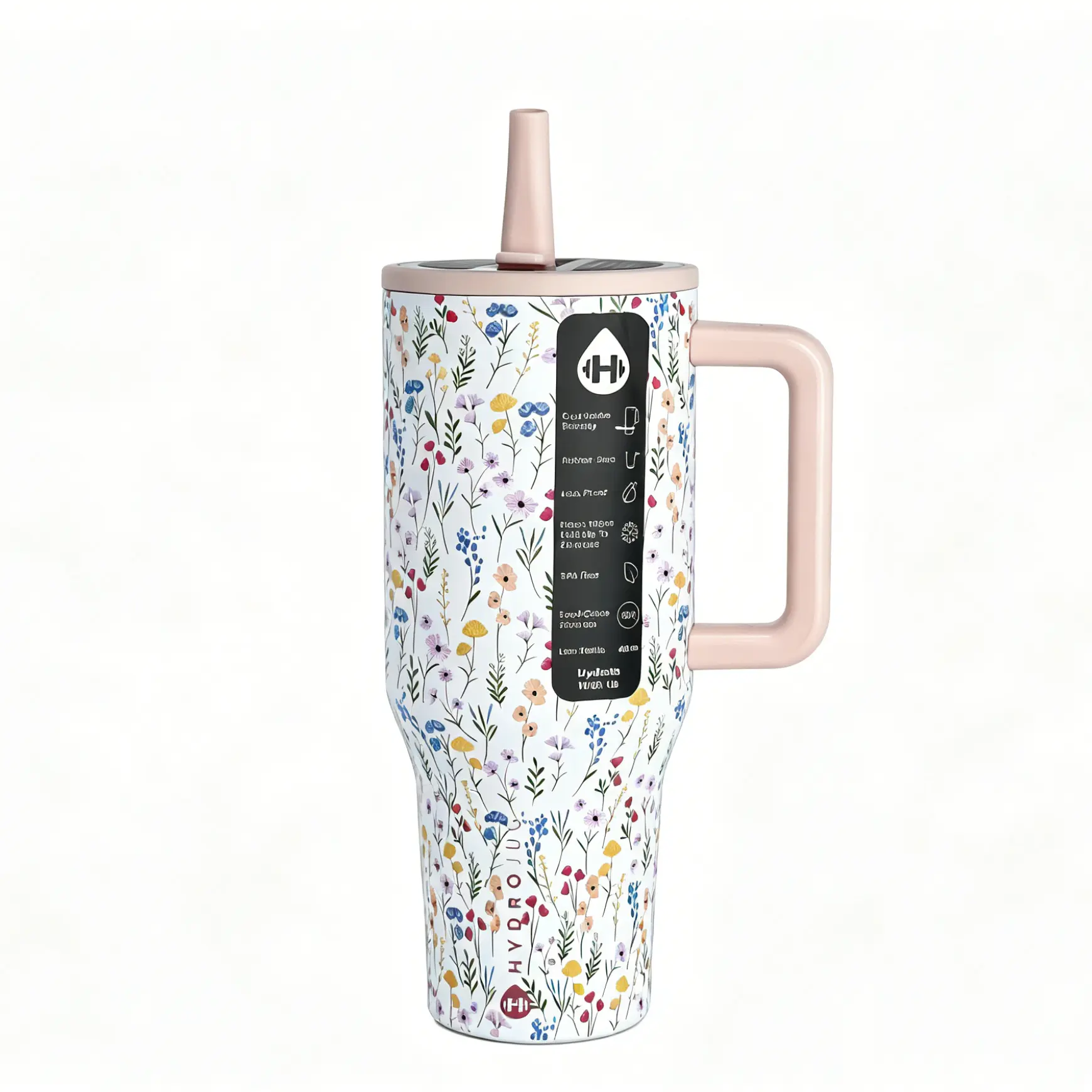 HydroJug Traveler 40 oz Wildflower Assortment Water Bottle - Insulated Stainless Steel, Rubber Base, Handle, Flip Straw - Leak-Resistant, Cup Holder-Fit Reusable Drinkware - Gift for Women, Water Bottles