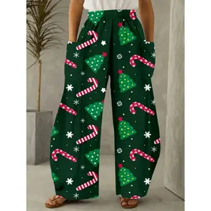 Large women's cute Christmas tree print, wide legs, loose casual style bottoms, long hem, medium fabric, suitable for all seasonsRAIMENTRY