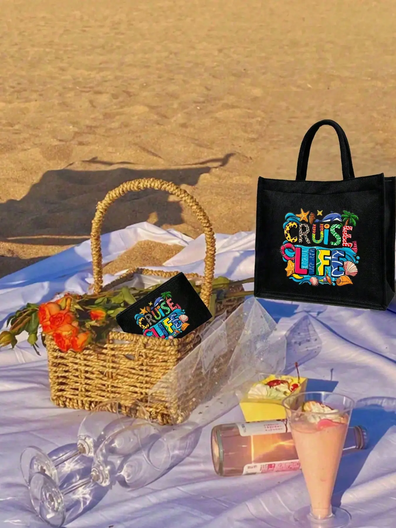 Cruise Theme Linen Handbag Set, Colorful Print 'cruise Life' with Leopard Decor, Beach Scene, Dolphin, Shell Pattern, Travel Bag