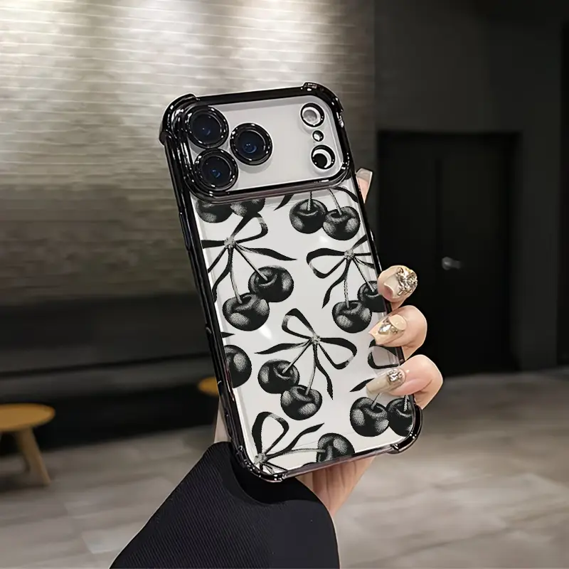 Vintage Sketch Black White Cherry Bow Aesthetic Custom Smartphone Case, Soft Silicon TPU Shockproof Handheld Cellphone Protector for iPhone 17/16/15/14/13/12 Plus Pro Max Ultra, Samsung 22/23/24/25 Plus Pro Max Ultra, Protection