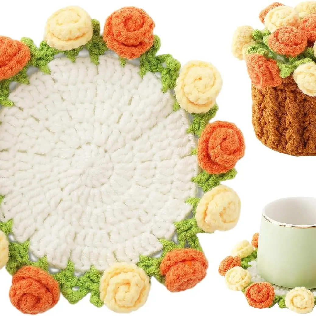 Blossom Hand-Knit Coasters, Handcrafted Floral Blanket Style Cup Mat Knitted Flower Vase Soft Adorable Decorative Table Mats for Coffee Desk Protection & House Styling