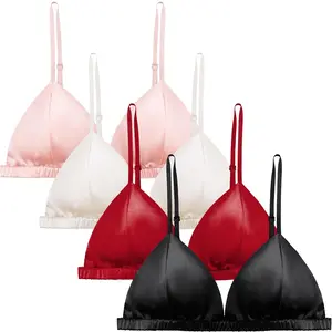 100% Women'S Silk Satin Triangle Bralette Soft Cup Wireless Bra With Removable Pad (4 Packs, Black-White-Red-Pink)