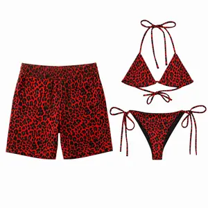 Red Leopard Matching Couples Swimwear, Eco Friendly String Bikini Set with Men’s Swim Shorts Vibrant Animal Print Beach Outfit