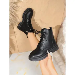 Women's Black Leather Ankle Boots, Casual Style Round-toe Boots, Comfortable Thick-soled Boots, Versatile Mid-heel Boots, Fashionable Lace-up Boots, Female Stylish Footwear, Chic Shoes, Modern Boots, All-match Boots, Trendy Footwear, Elegant Boots(Sheets)