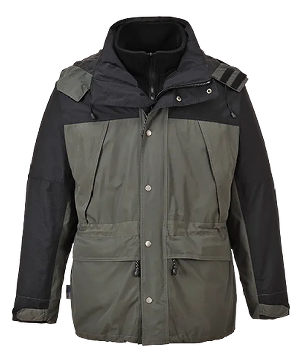 Portwest US532 Menswear Medium Orkney 3-in-1 Breathable Nylon Shell Rainwear Coat, Grey - Regular Tops, Coats, Fabric, Pockets, Outdoor, Fleece, Raincoat, Chin Guard, Hook And Loop, Full-Length, Peak Hood