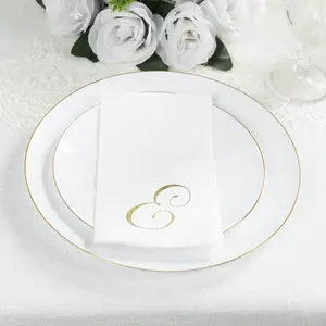 100 Paper Dinner Napkins White with Gold Foil Monogram "E" – 8"x4" Folded, Disposable Party Napkins