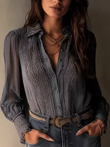 Women's Elegant Contrast Lace Patchwork Long Sleeve Lady Blouse, Thin Collared Shirt, Loose-Fitting, Breathable, Commuter Casual Wear Top