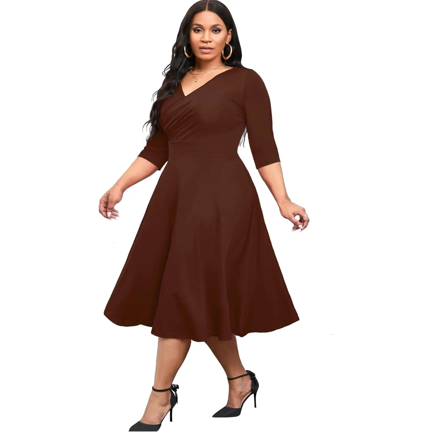 CLOCOR Women's Plus Size Midi Dress 3/4 Sleeve A-Line Swing Dress V Neck Flowy Casual Dresses - TikTok Shop CLOCOR Women's Plus Size Midi Dress 3/4 Sleeve A-Line Swing Dress V Neck Flowy Casual Dresses - TikTok Shop