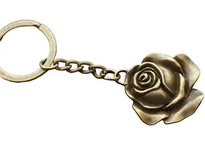 Vintage Antique Bronze Color Rose Flower Petal Charm Pendant Keychain Key Chain