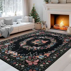 Boho Washable Rug Modern Vintage Print Butterfly Area Rug for Living Room & Bedroom. Ultra Soft, Non-Slip & Elegant Home Decor Floor Mat