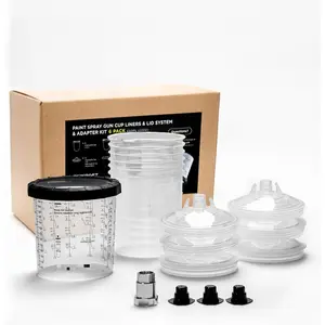 Disposable Paint Spray Gun Cup, Standard 22 Ounce (650ml) Kit with 6 Cups and Lids, 1 Hard Cup with Retainer Ring, 3 Plugs, Paint System for HVLP LVLP Spray Gun with Adapter for Beginner