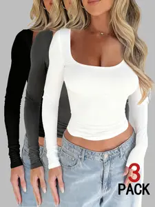 Women's Simple Basic Minimalist Square Neck Long Sleeve Top, Casual Daily Wear, Slim Fit Long Sleeve Shirt for Women, Elegant Ladies' Clothing, Womenswear