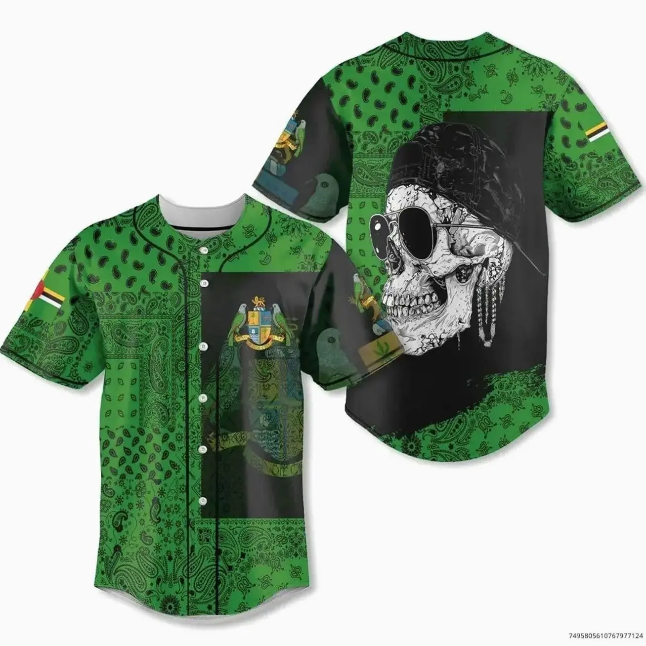 Dominica Baseball Jersey Paisley Flag And Skull Style FJW