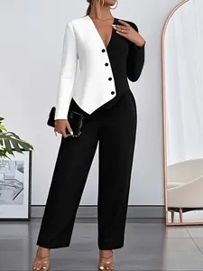 Women's Fall Winter Casual Fitted Colorblock Vneck Long Sleeve Matching Top and Pants Set, Suits, Pure Color Fashion, Comfortable, Elegant, Chic and Stylish, Womenswear