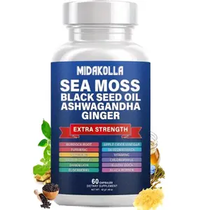Sea Moss Capsules, Algae Capsules - Seaweed + Black Seed Oil + Turmeric + Burdock + Ginger + Vitamin C + Vitamin D3, Multivitamins And Minerals, Suitable for Men And Women, Gift, 1/ 2/ 3 Bottles, 60 Capsules Per Bottle, 30 Days Supply