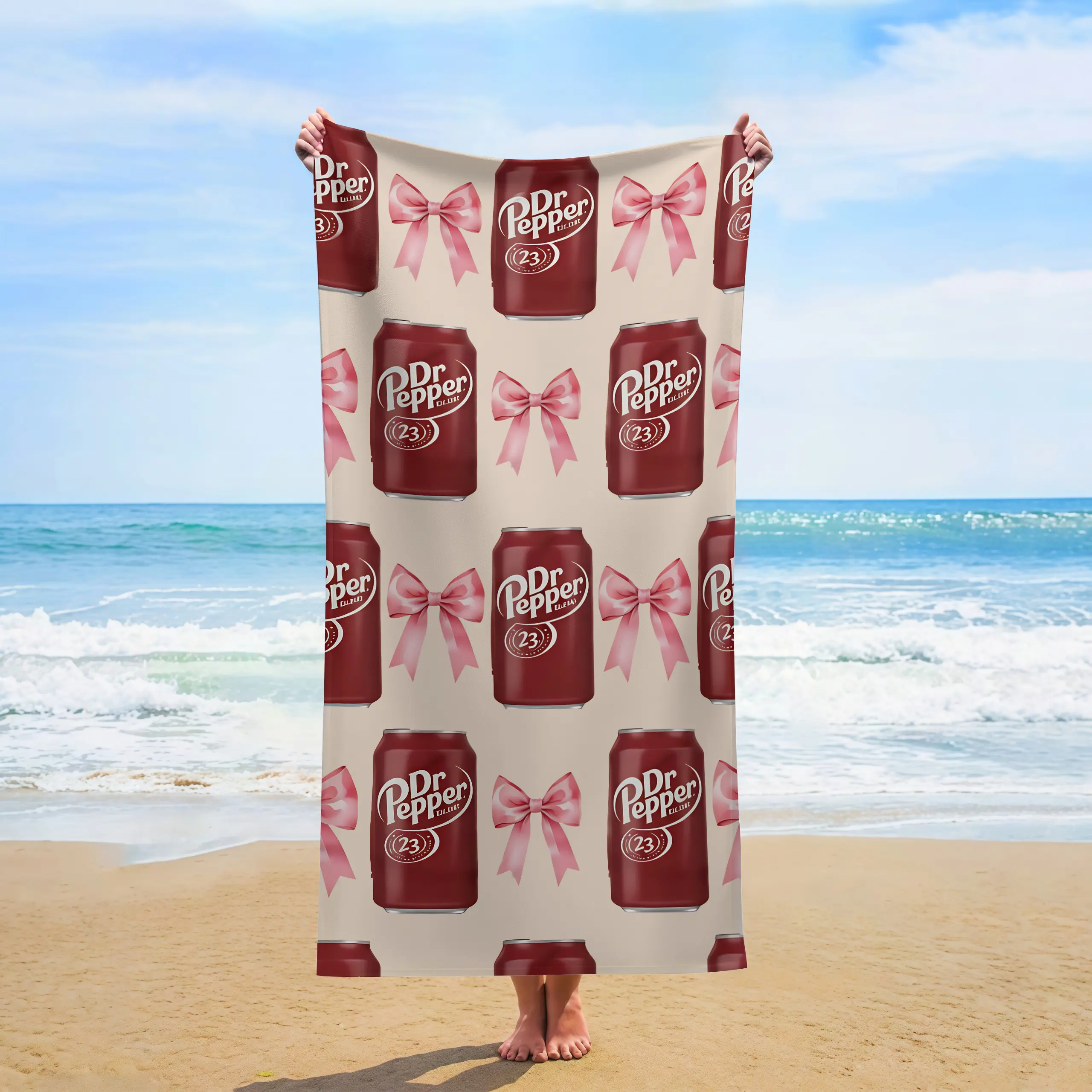 Pink Bow Dr Pepper Soda Can Seamless Beach Towel  Coquette Pastel Quick Dry Towel  Women Summer Gift