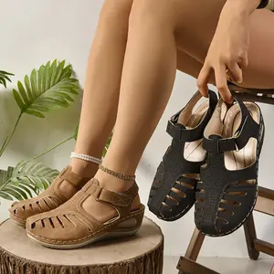 Women's Orthopedic Arch Support Sandals - Thick Wedge Heel Round Toe Closed-Toe Mary Jane Style PU Cover Summer Shoes with Adjustable Straps, Breathable & Comfortable for Casual Wear (Black & Beige), Summer Footwear |   Bohemian Style Sandals Girl Makapal