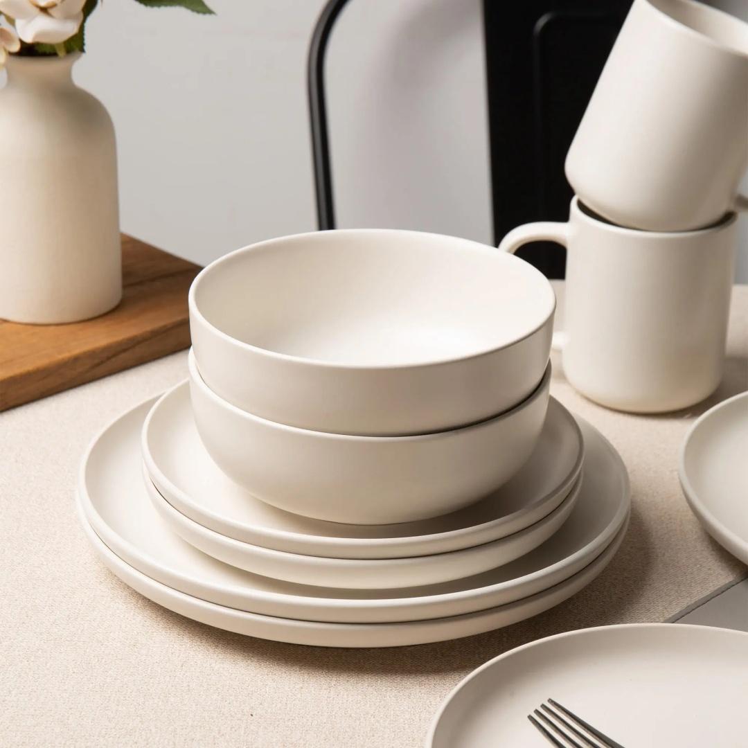 12-Piece Stoneware Dinnerware Sets With Mugs Microwave Dishwasher Safe Non-Toxic Dinner Plates Bowls Set Stackable Matte Glaze Kitchenware For 3 12-Piece Stoneware Dinnerware Sets With Mugs Microwave Dishwasher Safe Non-Toxic Dinner Plates Bowls Set Stackable Matte Glaze Kitchenware For 3