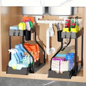 Under Sink Cabinet Organizer, 2-layer Pull Out Storage Box, Large Capacity Drawer Organizer, Kitchen and Bathroom Storage Organizer