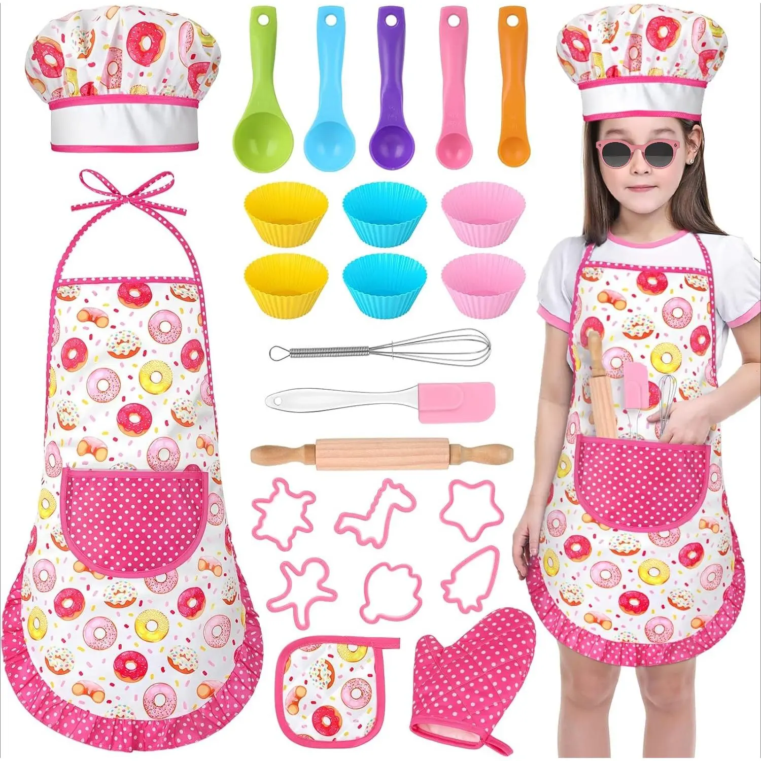 Kids Chef Set, 25-Piece Girls Pretend Play Baking Kit with Breathable Donut Apron & Hat, Adjustable Strap, Birthday Gift Idea for Ages 3-8, Birthday Gift Ideas, Breathable Poly, 3 - 4 Years, Build Confidence, Complete Baking And Cooking Sets