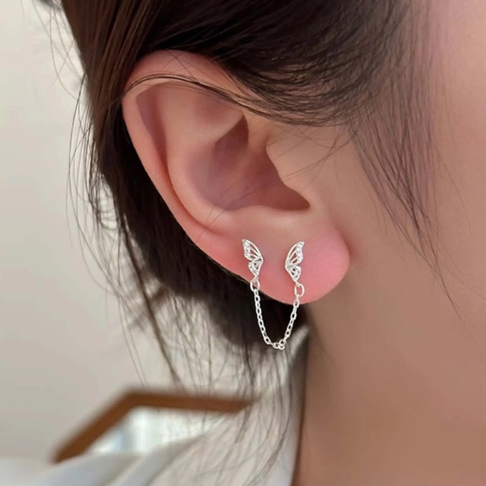 Springtok zircon Y2K butterfly tassel double ear piercing earrings for women daily jewelry piercing gift, Birthday, Anniversary