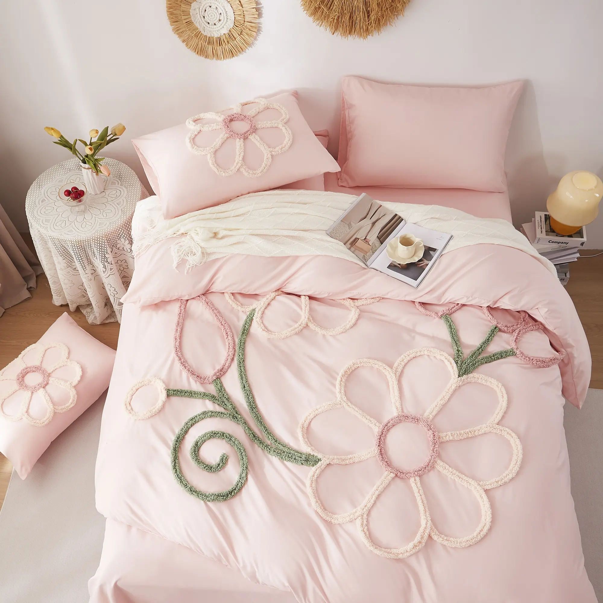 Bud pattern Duvet Cover Set, Boho Tufted Comforter Sets with Zipper Closure, Including1 Duvet Cover & 1/2 Pillowcase without Filler, Soft Comfortable Bedding Set for Home Bedroom