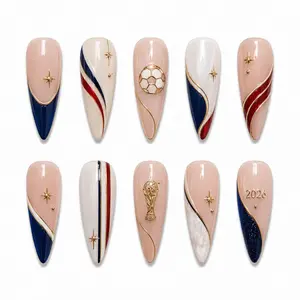 Handmade Soccer Press On Nails – Red White Blue Gold Luxury Set