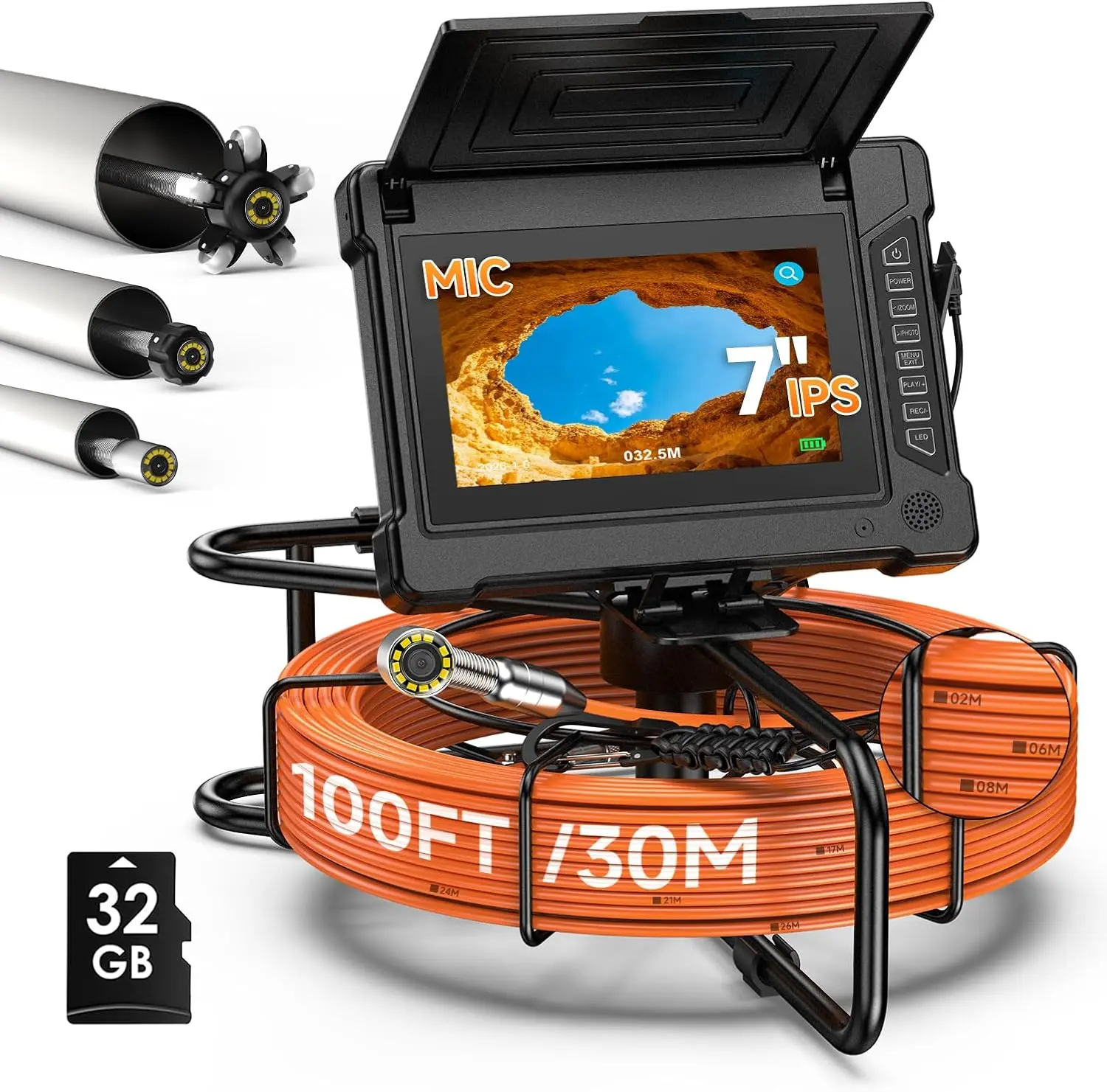 7inch Sewer Camera,100ft Cable, IP68 Waterproof Sewer Pipe Inspection Camera with 20X Image Enlarge,HD Endoscope Camera with 16GB TF Card 12 PCS LED with high white adjustable light
