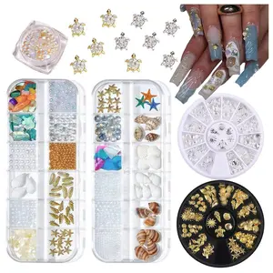 6 Boxes Summer Nail Art Rhinestones, 3D Ocean Theme Nail Charms Alloy Sliver Gold Beach Starfish Conch Seashell for Women Girls Nail Decorations DIY Craft Jewelry