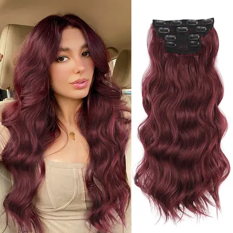 QGZ Burgundy 99J Glueless Synthetic Clip Hair Extensions - 4PCS 20in Soft Water Wave Female Hairpieces with BB Clips, 4.5-7in Wide Wefts, Synthetic Fiber Extensions for Daily Use, Ideal for Dating, Casual Wear