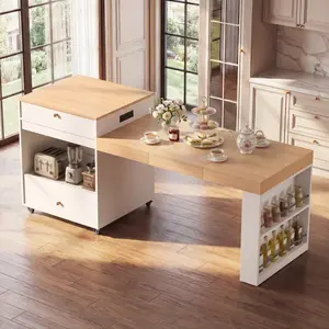 78.8" Rolling Kitchen Island with 3-Stage Extendable Dining Table Seats 6-8 Built-in Power Outlet Ample Storage Drawers Cabinets Mobile on Wheels High-Density MDF Easy Assembly B2764S00001